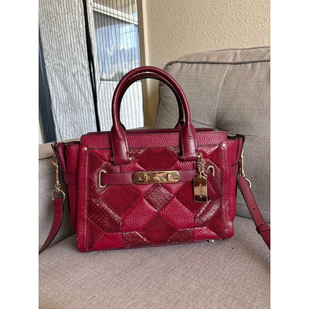 Coach Swagger 27 Oxblood Patchwork Leather Suede SnakeSkin Satchel Crossbody Bag